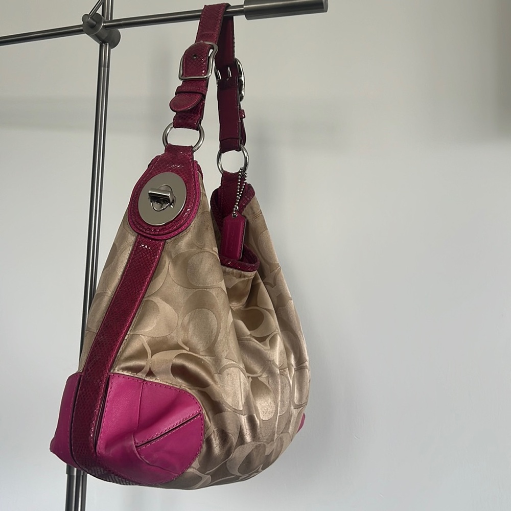 COACH Peyton Signature Sateen Turnlock Snakeprint Hoboo